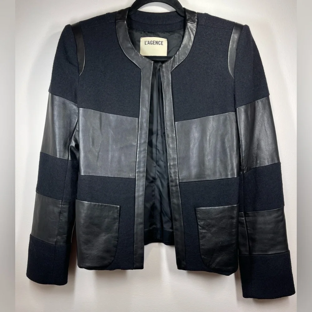 NWOT L’Agence Women’s Harper Leather and Wool Contrast Blazer in‎ Black Size 2